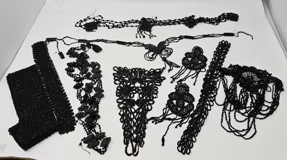 Antique Victorian Mourning Bead & Fabric Lot Appliques Hand Beaded + Loose Beads